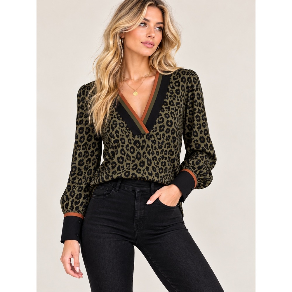Express Leopard Print Blouse Small Olive Black V Neck Long Sleeve Y2K
